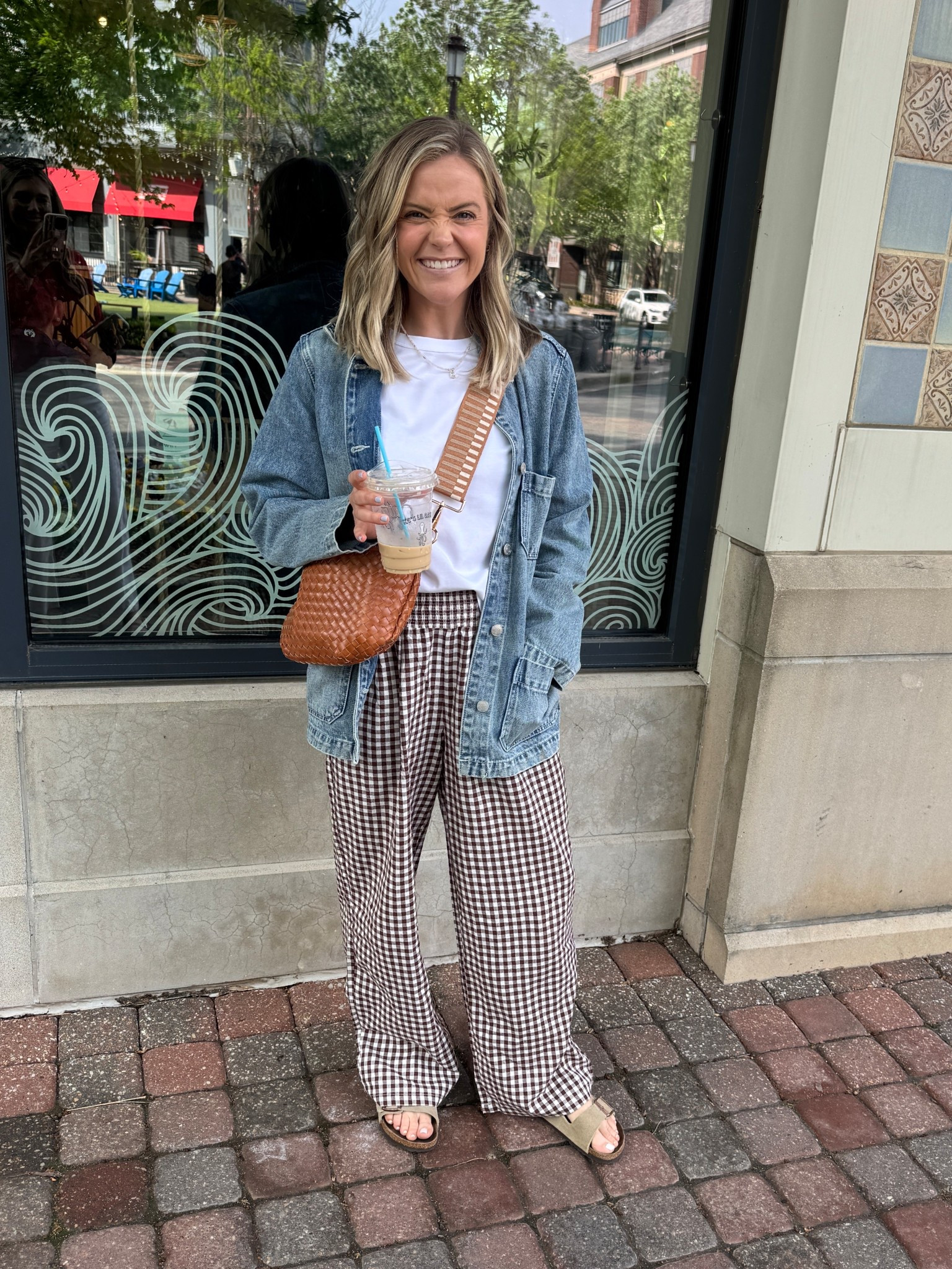 Loved this little casual outfit! White tee and gingham pants from Amazon (wearing true size S), jacket from quince (sized down to xs) 

#LTKootd #LTKmomlife #LTKPetite