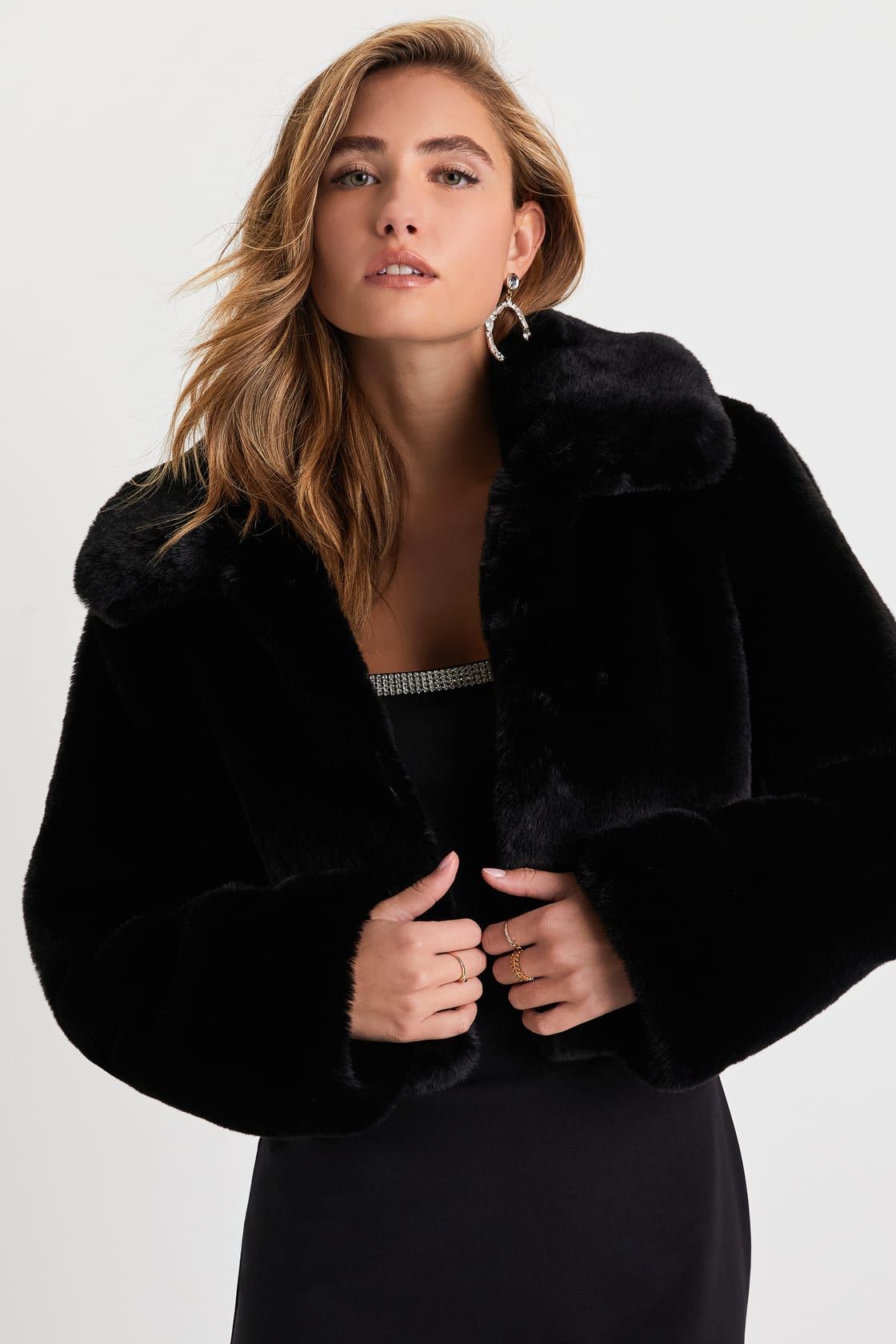 Lavish Attitude Black Faux Fur Collared Cropped Jacket | Lulus (US)