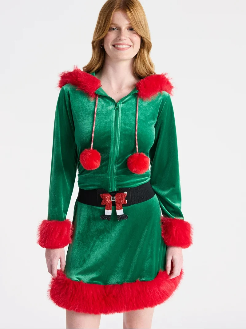 No Boundaries Christmas Velvet Hoodie and Skirt Set with Faux Fur, 2-Piece, Women’s | Walmart (US)