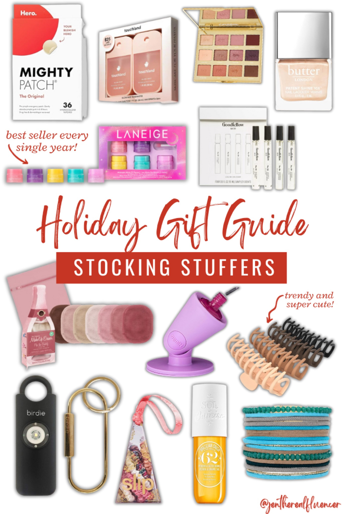 Holiday gift guide, might patch, laneige lip mask, hand sanitizer, perfume, cologne, eye shadow, nail polish, makeup eraser, nail polish holder,claw clip, personal alarm, slip scrunchie, sol de janeiro, bracelets 

#LTKGiftGuide #LTKHoliday #LTKSeasonal