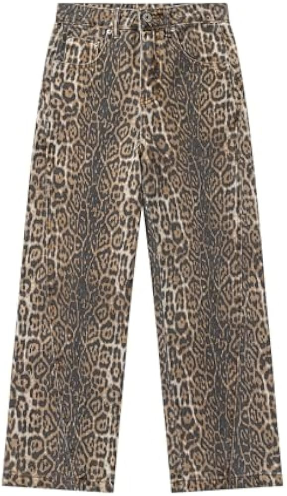 Women's Leopard Print Jeans Straight Leg Casual High Waisted Stretch Trendy Blue Jeans for Women | Amazon (US)