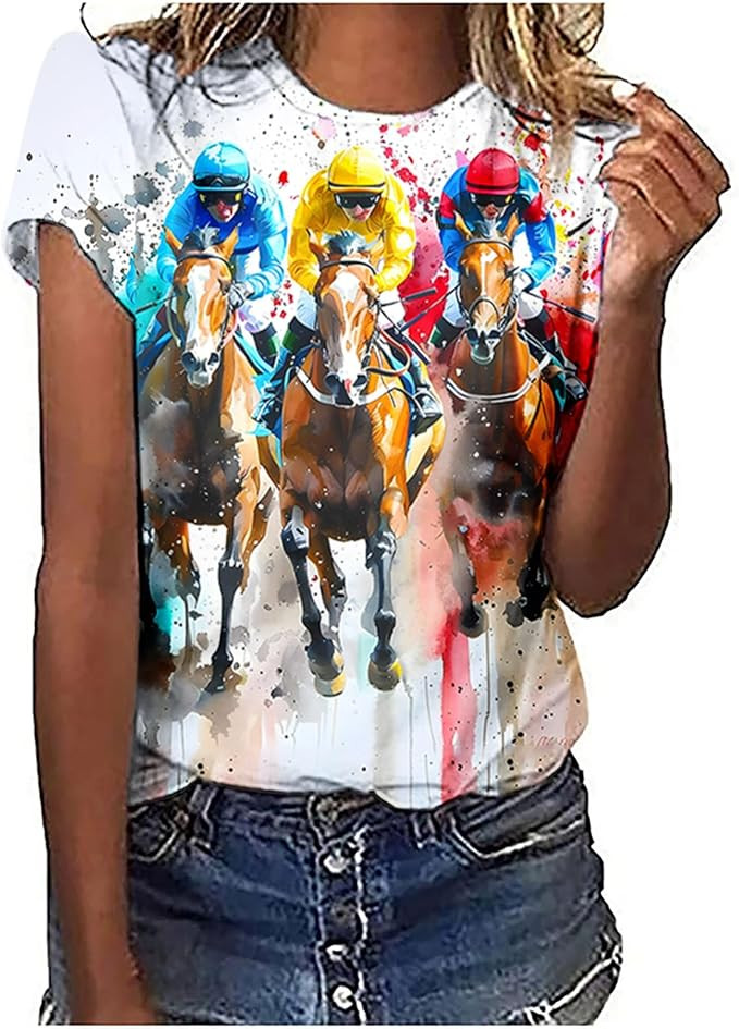 Womens Horse Racing Tops Cap Sleeve Summer Retro Blouse Crew Neck Tee Shirt Stylish Workout Tshir... | Amazon (US)