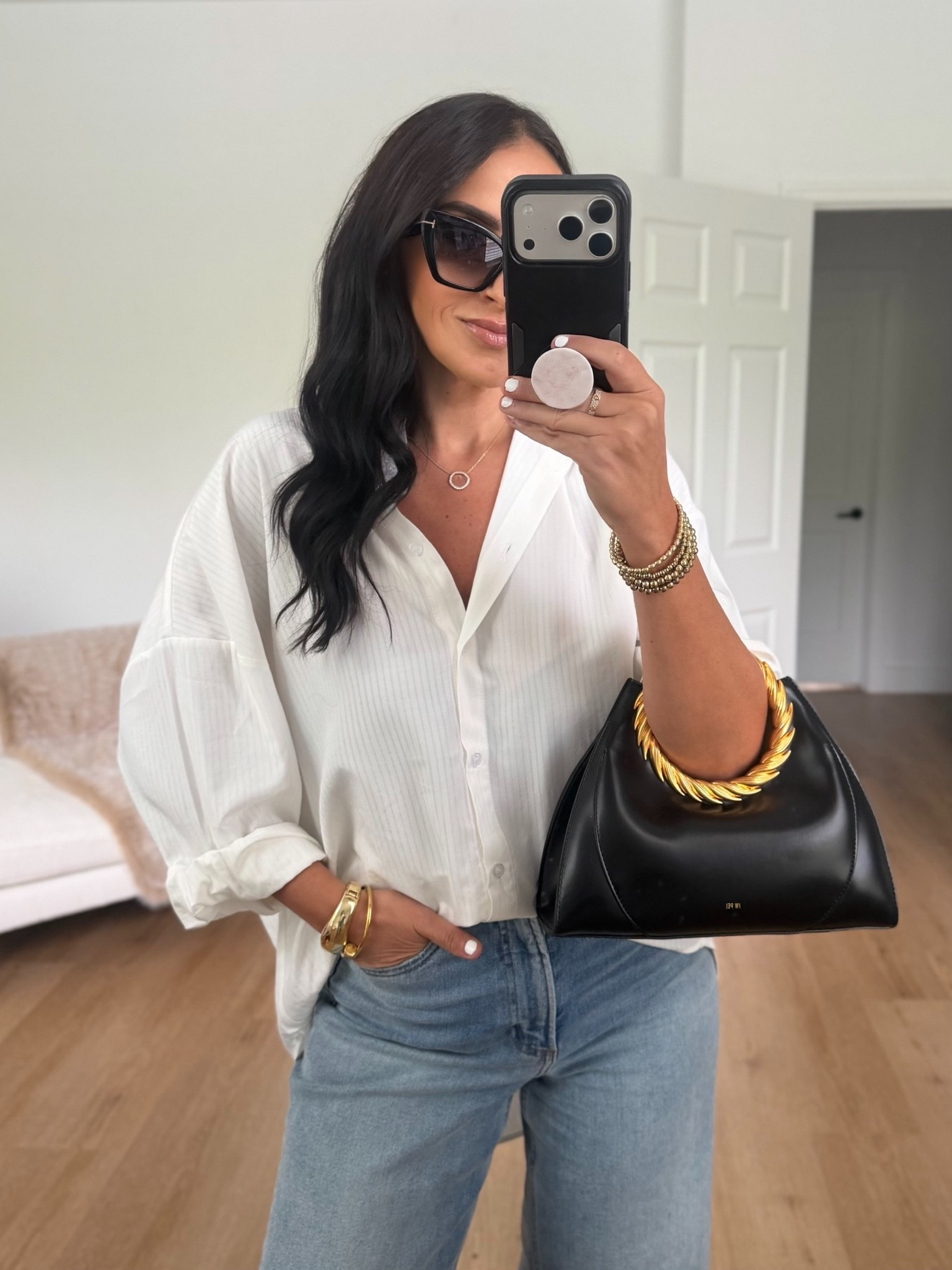 Petal & Pup Edward’s stripe shirt wearing size small. Pistola jeans wearing size 27