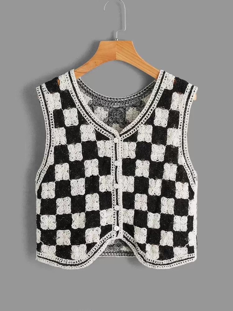 SHEIN EZwear Checkered Pattern Asymmetrical Hem Button Up Sweater Vest | SHEIN