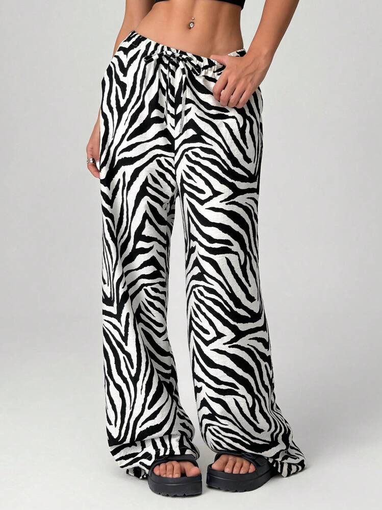 SHEIN EZwear Women's Stylish Animal Print Wide Leg Pants With Zebra Print For Everyday Wear | SHEIN