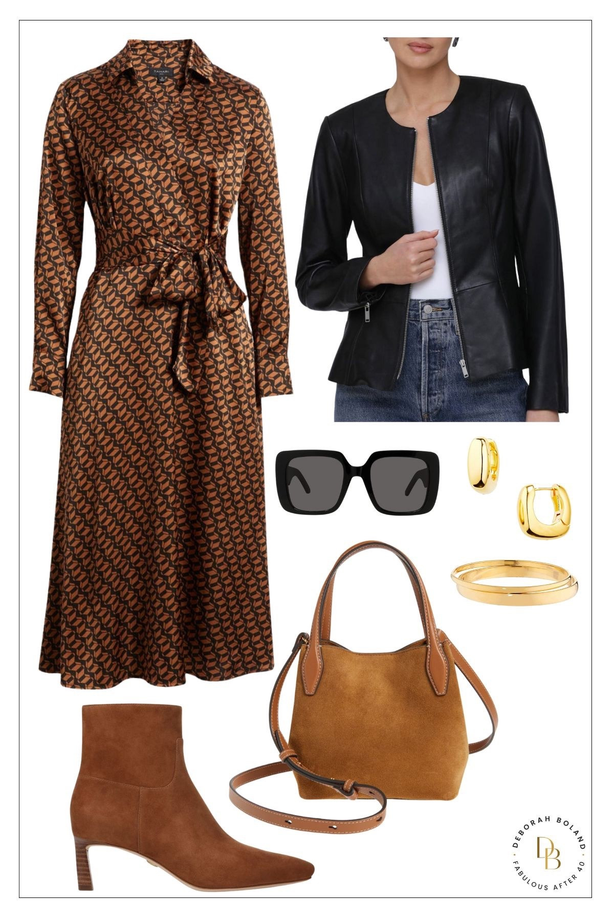 Effortless edge meets timeless polish 🖤 This printed shirt dress is a standout on its own, but layered with a sleek leather jacket and suede ankle boots? Instant cool-girl sophistication. Add bold gold accessories and a structured suede bag for a look that’s ready for anything—day or night. Snag it all now at the Nordstrom Anniversary Sale! #NordstromAnniversarySale #FallStyle #FabulousAfter40 #ModernClassic #Over50Style #ChicAndEffortless 

#LTKOver40 #LTKSaleAlert #LTKSeasonal
