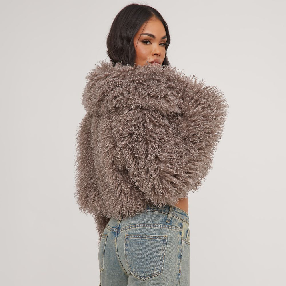 Oversized Cropped Jacket In Taupe Shaggy Faux Fur | EGO (UK)