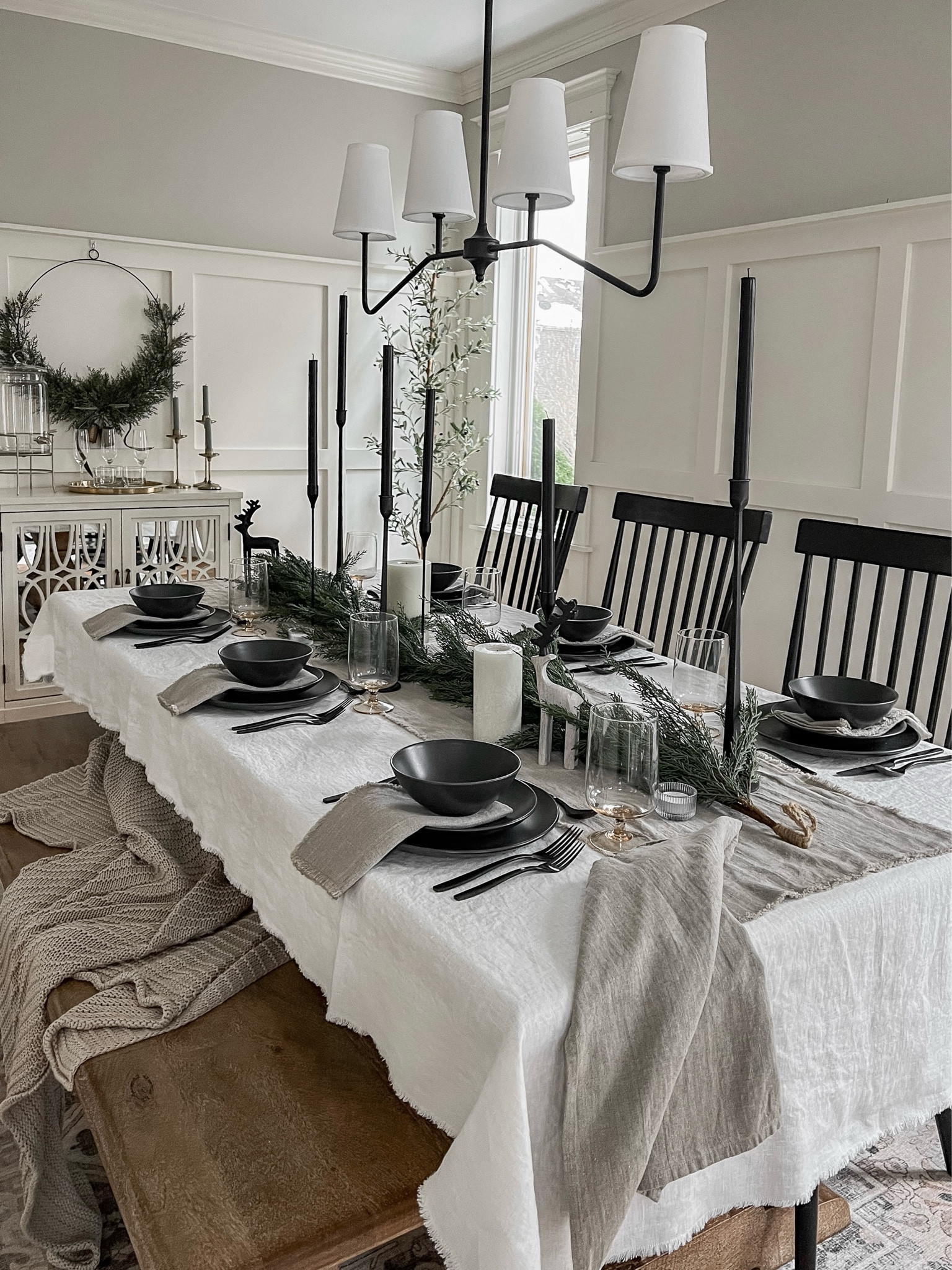 Christmas table setting, Christmas Tablescape, holiday table setting, holiday Tablescape, white linen table cloth, natural flax linen napkins, natural flax linen table runner, flameless candles, cedar garland, matte black dinnerware, matte black cutlery, dining room decor, dining table

#LTKHoliday #LTKSeasonal #LTKhome