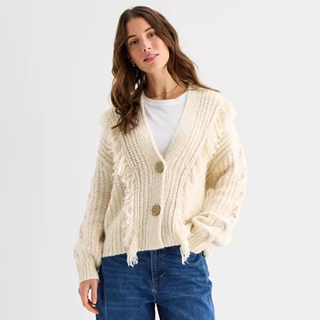 a.n.a Womens V Neck Long Sleeve Button Cardigan, Small, Beige | JCPenney