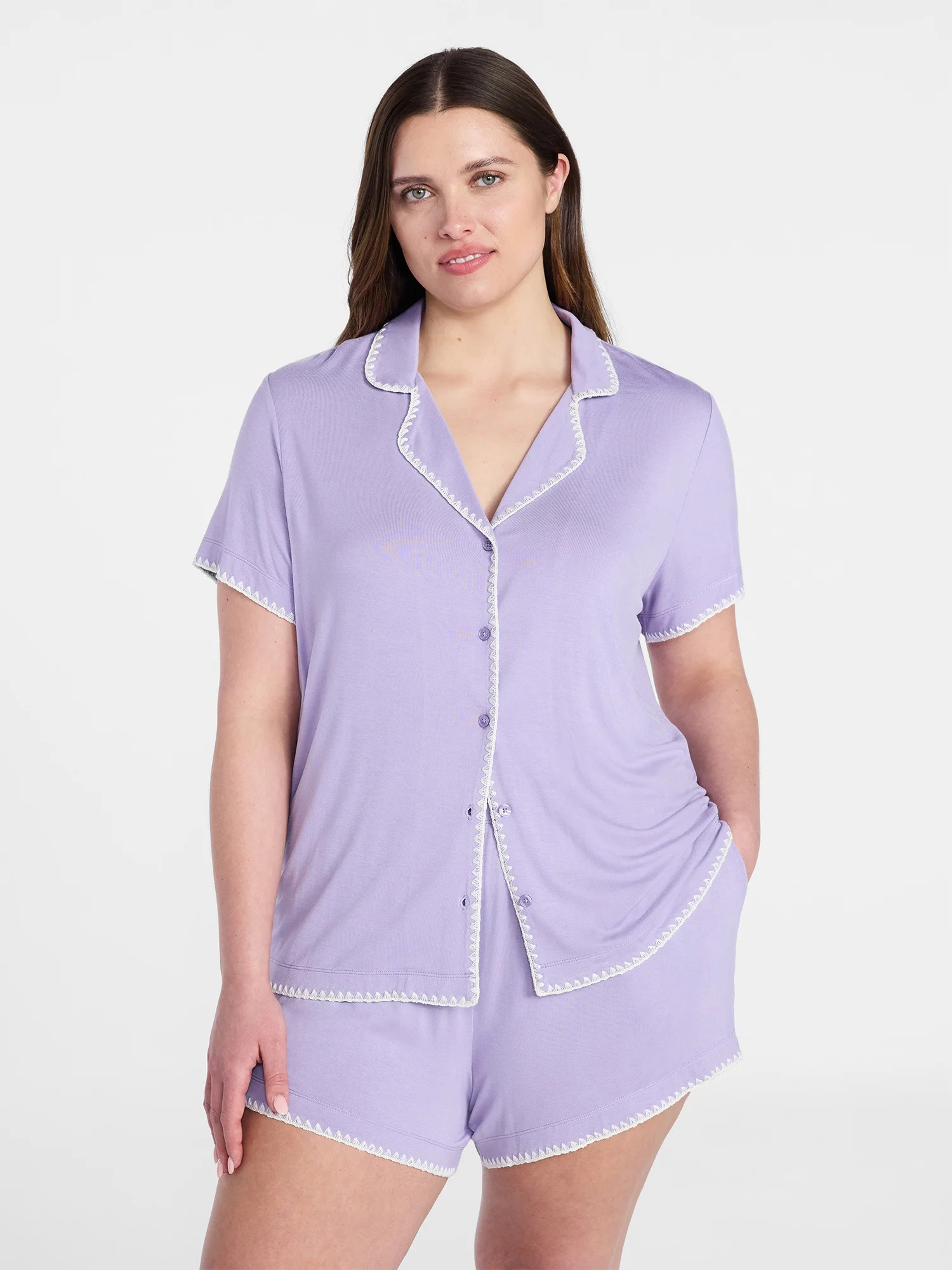 Joyspun Women’s Notch Top and Boxer Shorts Pajama Set with Blanket Stitching, 2-Piece, Sizes XS... | Walmart (US)