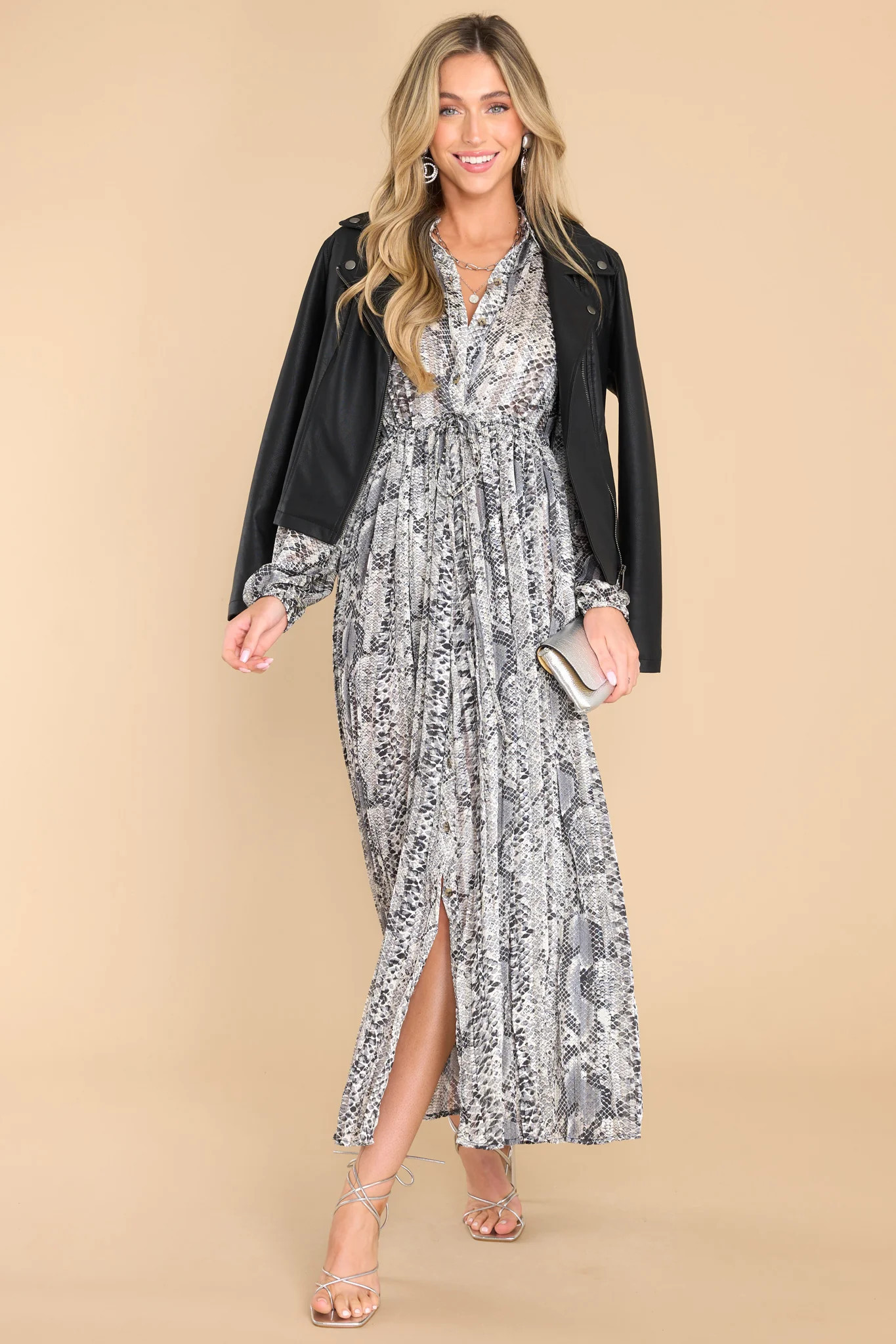 Behind My Back Grey Snake Skin Print Maxi Dress | Red Dress 
