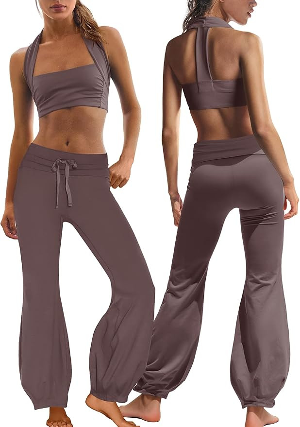 Nirovien Womens Two Piece Workout Sets Athletic Yoga Set Halter Sports Bra and Fold Over Flare Le... | Amazon (US)