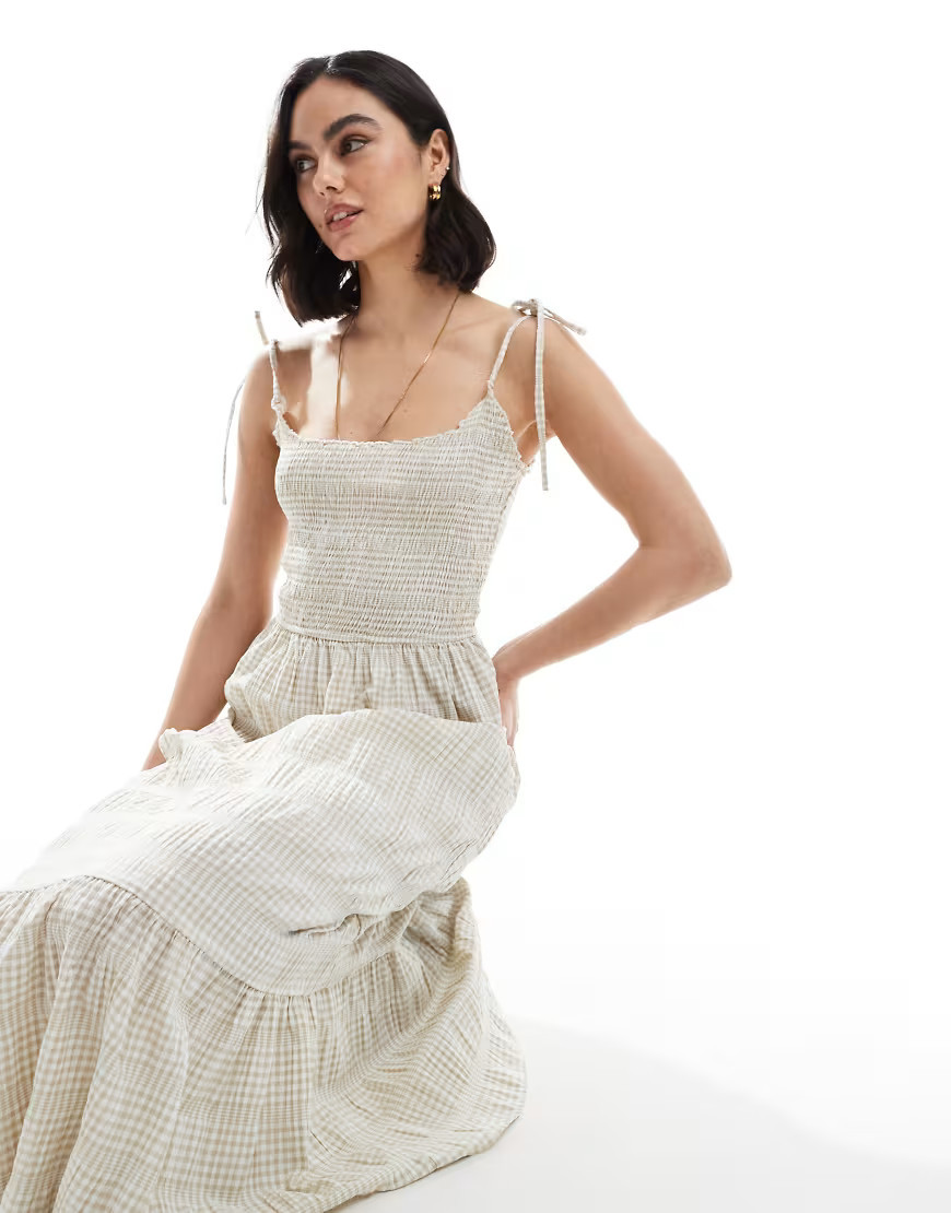 Daisy Street shirred midaxi dress in beige stripe-Neutral | ASOS (Global)