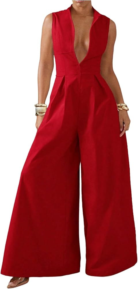 SOLY HUX Women's Zipper Front Wide Leg Jumpsuit Summer Mock Neck Sleeveless Elegant Romper | Amazon (US)