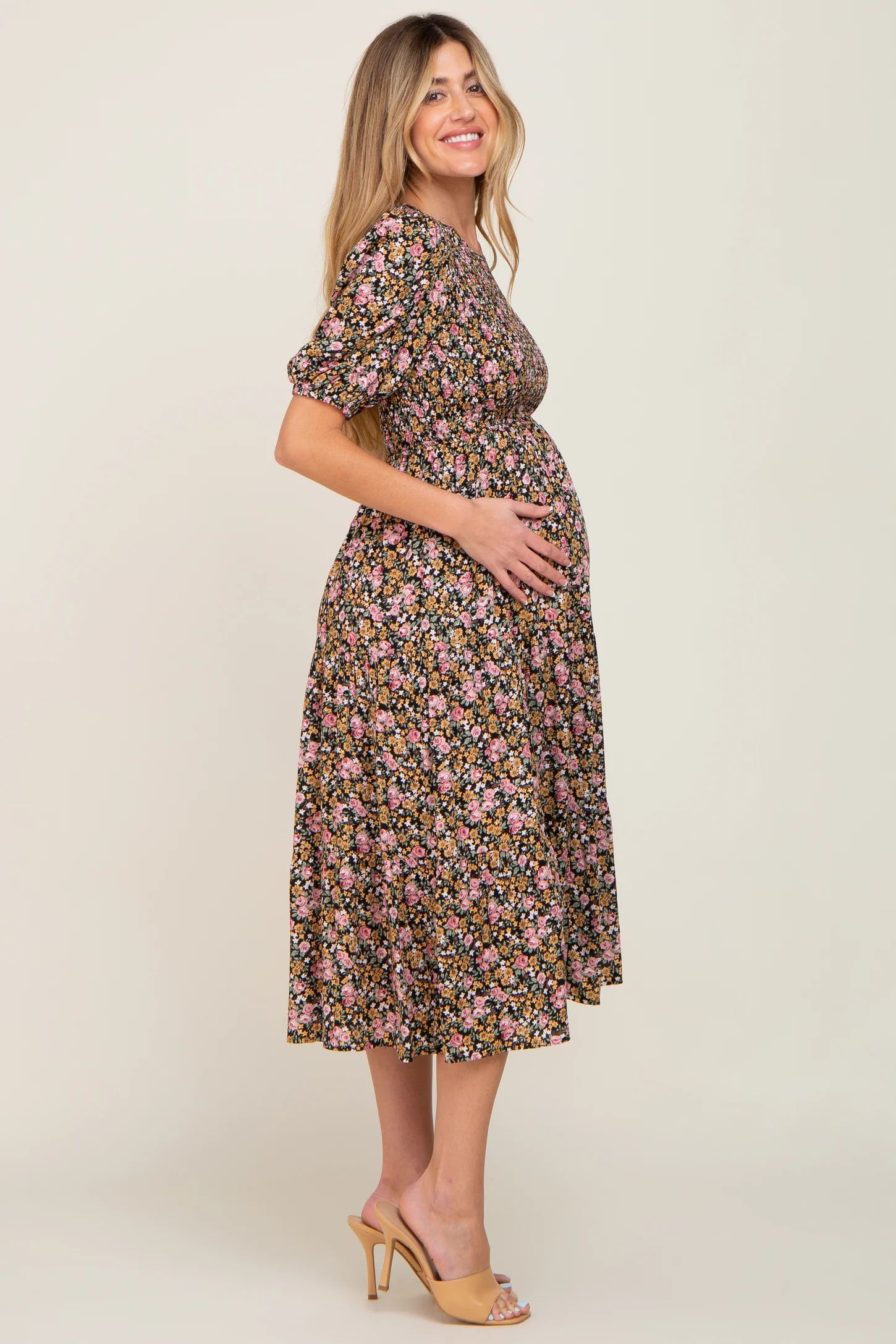 Multi-Color Floral Smocked Tiered Maternity Midi Dress | PinkBlush Maternity