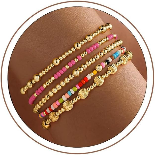 Turandoss Gold Beaded Bracelets for Women Teen Girls -14K Gold Plated Stackable Colorful Round Be... | Amazon (US)