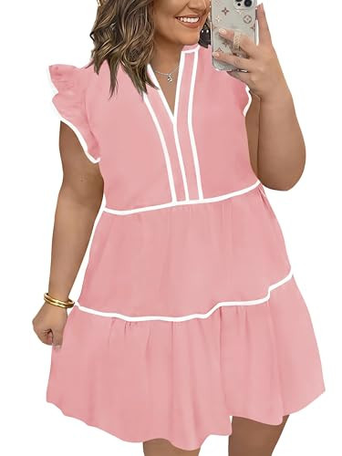 Beautife Womens Plus Size Dresses Summer Ruffle Short Sleeve V Neck Dress Casual A Line Babydoll Mini Dress Pink | Amazon (US)