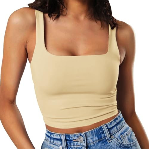 Artfish Women's Sleeveless Strappy Seamless Crop Tank Tops Square Neck Workout Fitness Basic Cropped Camis Beige Tan Khaki XS | Amazon (US)