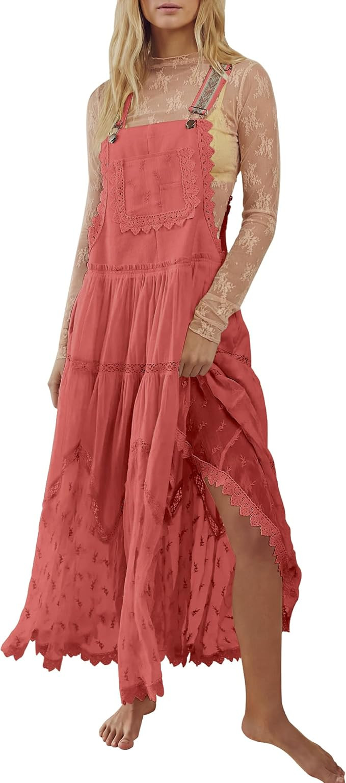 Gacaky Summer Dress for Women Casual Floral Embroidered Bohemian Dress Adjustable Straps Bib Maxi... | Amazon (US)