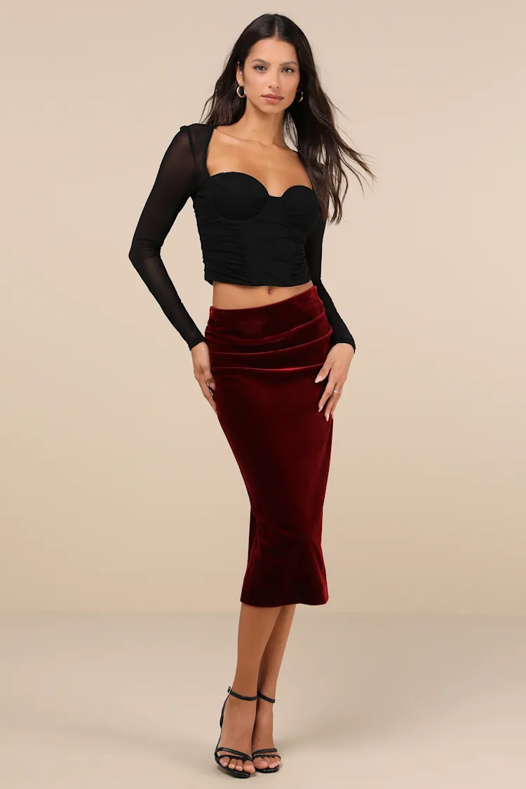Exceptional Confidence Wine Red Velvet Skirt Outfit Midi Skirt Fall Winter Skirt Red Midi Skirt 2025 | Lulus
