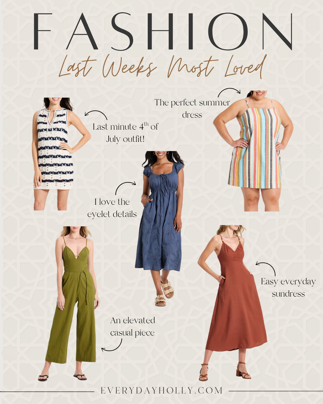 These were your favorites last week, and I can definitely see why! From easy everyday dresses to an elevated jumpsuit and a crochet mini that's perfect for the Fourth of July, these are the versatile pieces you'll wear all summer long. If you've had your eye on one of these best sellers, now's the perfect time to grab it before it sells out.

Summer dresses, crochet dress, Fourth of July outfit, striped dress, eyelet dress, casual jumpsuit, everyday style, petite friendly fashion, summer outfit ideas, best sellers, capsule wardrobe, EverydayHolly 

 #LTKootd #LTKSeasonal #LTKOver40