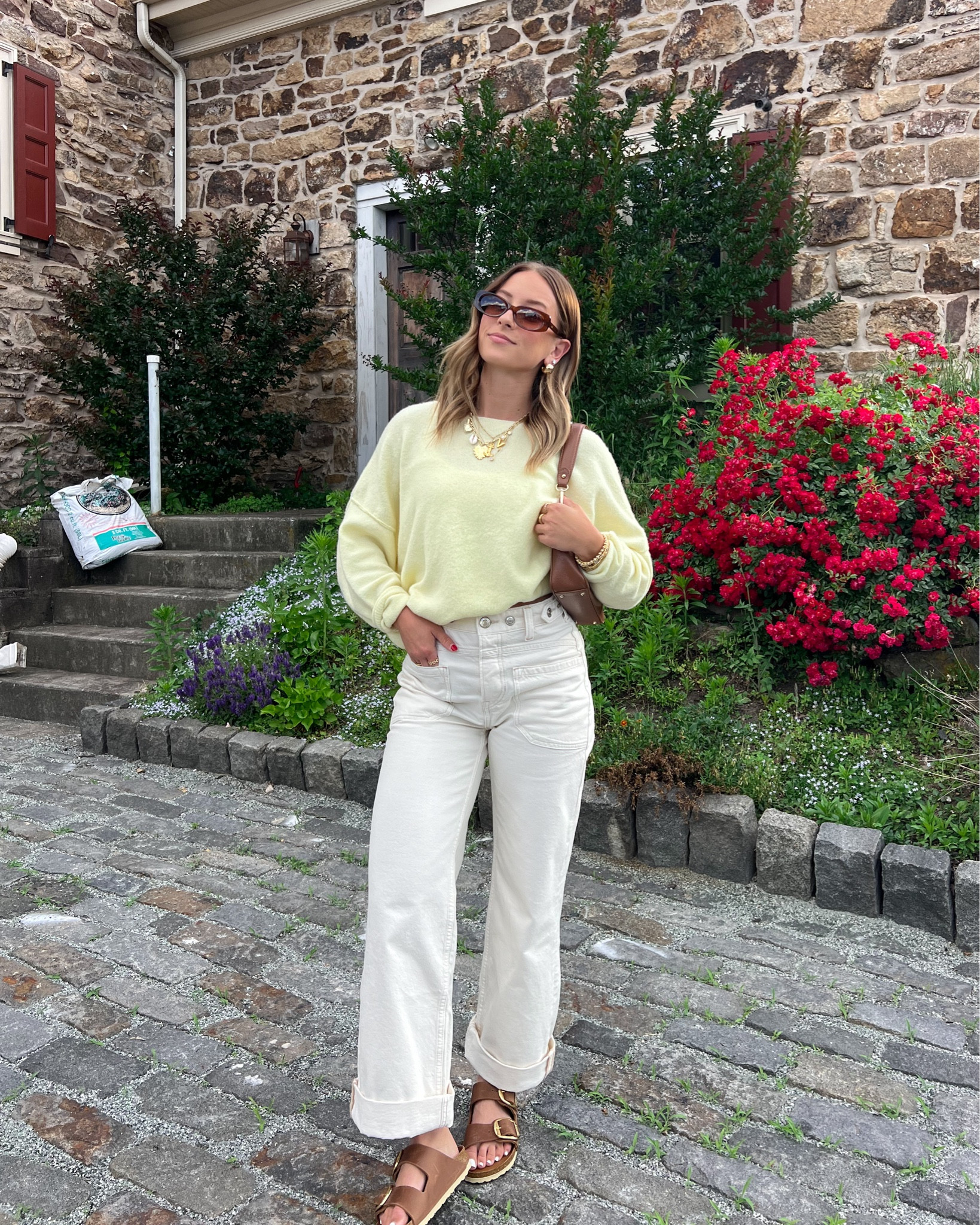 5/31/24 Date night outfit 🫶🏼 Casual summer outfits, free people pants, free people jeans, Birkenstock big buckle sandals, Birkenstock sandals, yellow sweater, yellow top, casual summer outfits, casual summer style, summer fashion 2024