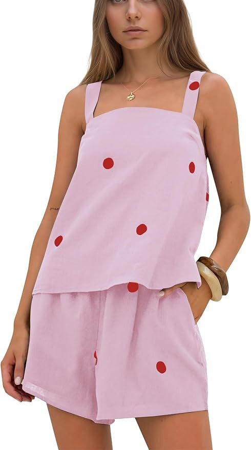Women 2 Piece Shorts Set Polka Dot Square Neck Tank Top Shorts Summer Vacation Beach Matching Out... | Amazon (US)