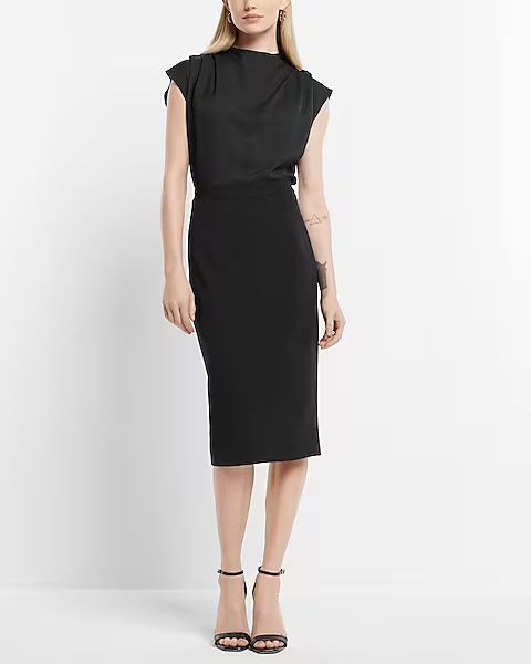 Draped Mock Neck Midi Sheath Dress | Express