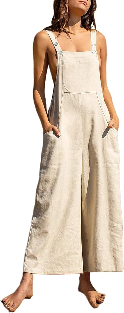 Uaneo Womens Cotton Linen Bib Overalls Casual Summer Comfy Wide Leg Black Jumpsuit | Amazon (US)