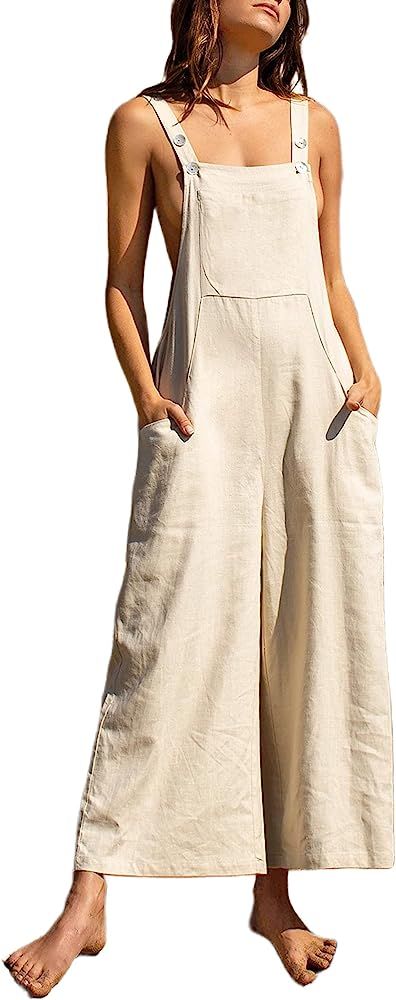 Uaneo Womens Cotton Linen Bib Overalls Casual Summer Comfy Wide Leg Black Jumpsuit | Amazon (US)