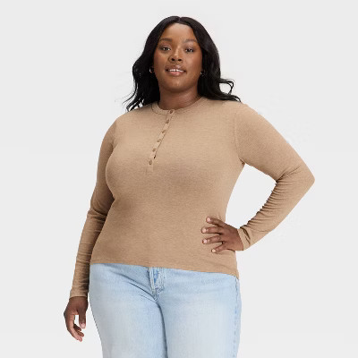 Women's Long Sleeve Henley Shirt - Universal Thread™ Heather Taupe XXL | Target