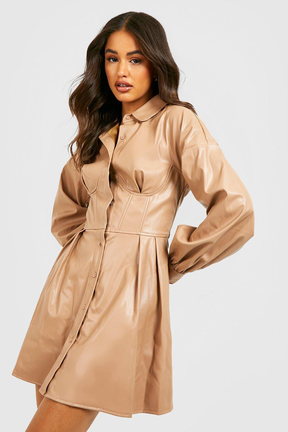 Womens Faux Leather Corset Shirt Dress - Beige - 12 | Boohoo.com (US & CA)