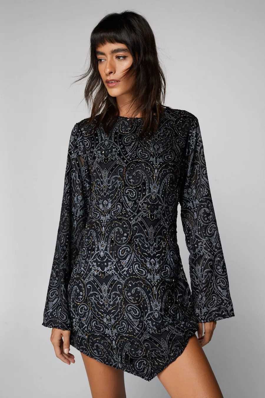 Embellished Flute Sleeve High Neck Mini Dress | Nasty Gal UK (+IE)