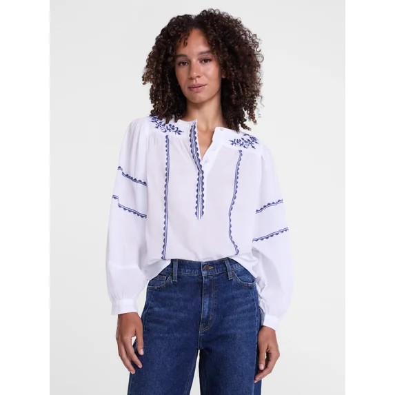 Scenario Women's and Women's Plus Embroidered Top with Long Sleeves, Sizes XS-4X | Walmart (US)