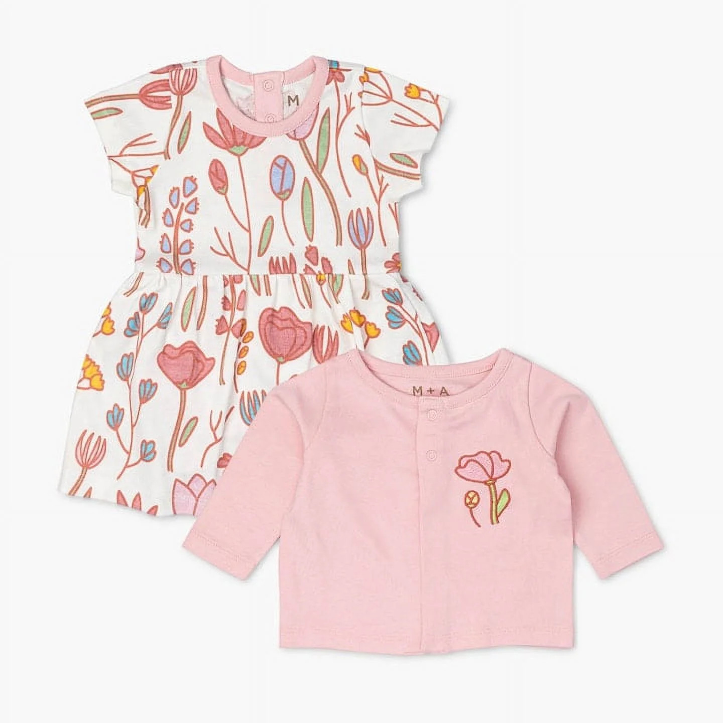 M+A by Monica + Andy Baby Girl Organic Cotton Dress Romper + Cardigan Bundle, Sizes Newborn-9 Mon... | Walmart (US)