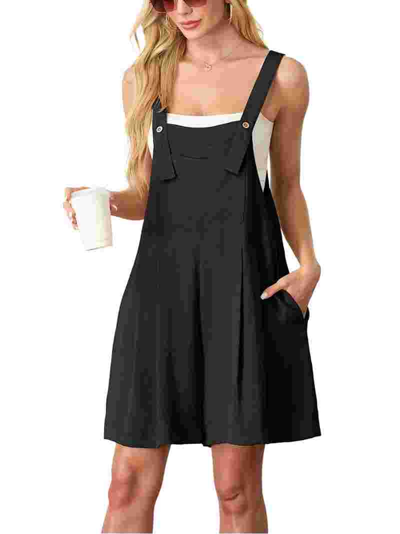 JWD Women's Rompers summer sleeveless short Jumpsuits Button adjustment with pocket Black L | Walmart (US)
