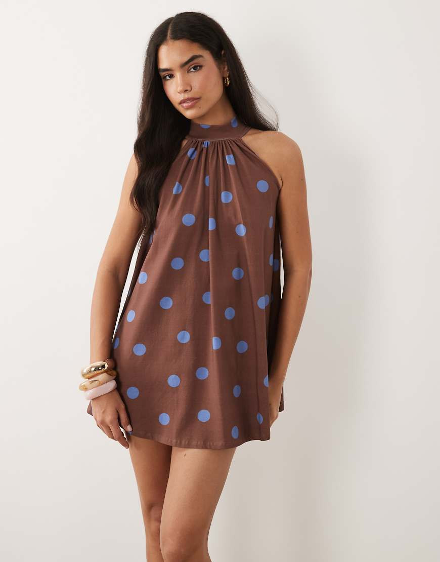 ASOS DESIGN bow detail mini dress in brown and blue spot-Multi | ASOS (Global)