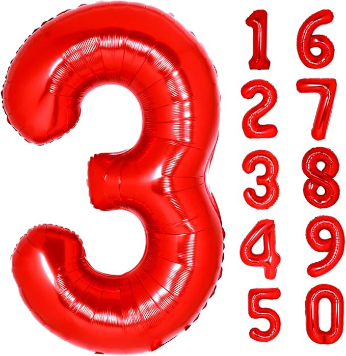 40 Inch Giant Red Number 3 Balloon, Helium Mylar Foil Number Balloons for Birthday Party, 3rd Bir... | Amazon (US)