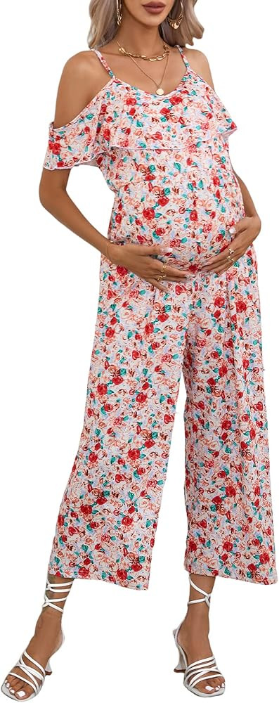 Maternity Jumpsuit Summer Casual V Neck Ruffle High Waisted Loose Jumpsuits Romper for Photoshoot... | Amazon (US)