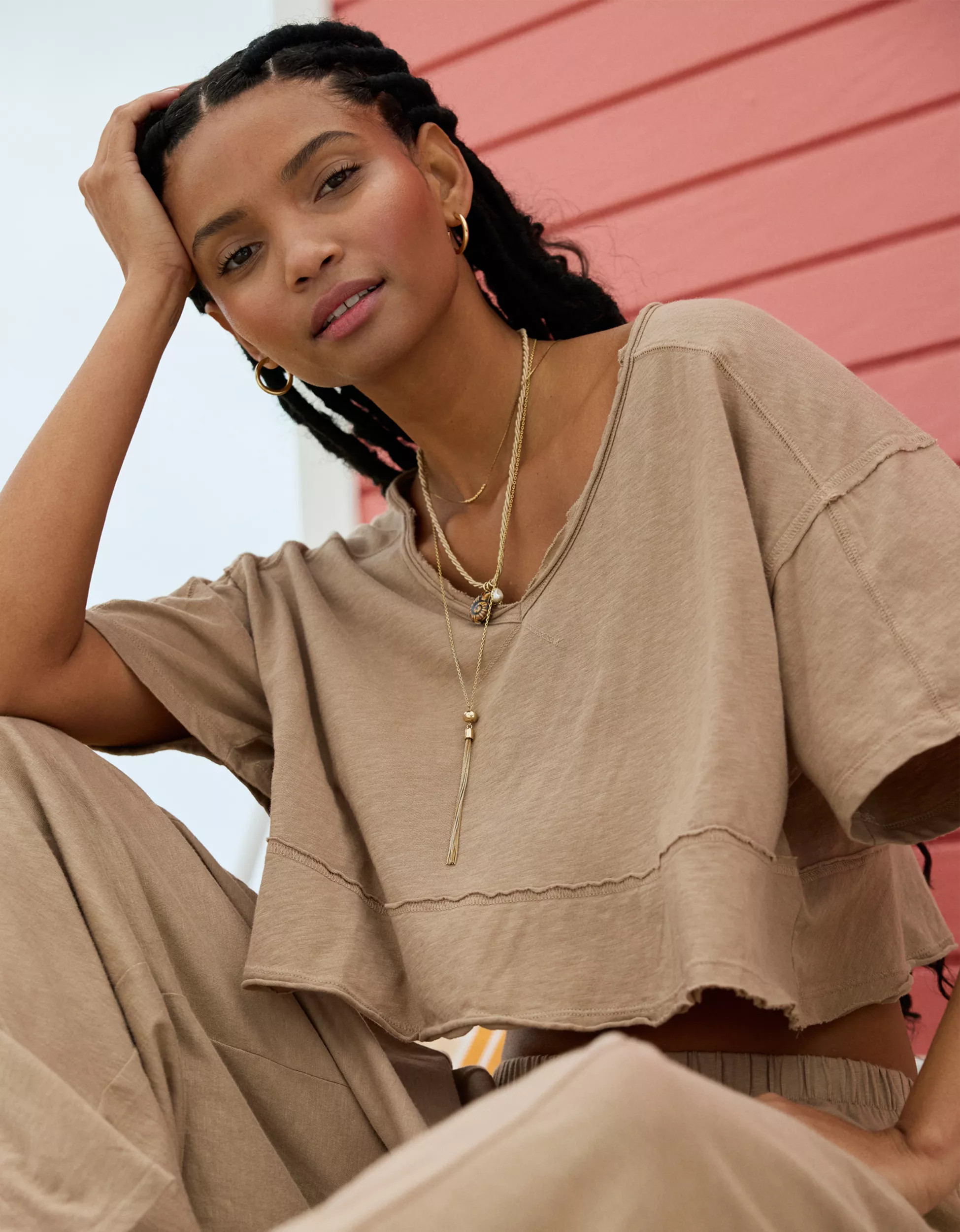 Aerie Happiest Cropped V Neck T-Shirt | Aerie