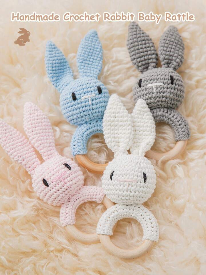 1pc Handmade Crochet Bunny Ear Wooden Teething Rings, Baby Teether Gift For Teething Period | SHEIN