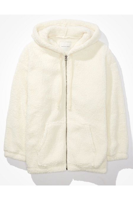 AE Sherpa Zip Up Hoodie Women's Cream S | American Eagle Outfitters (US & CA)