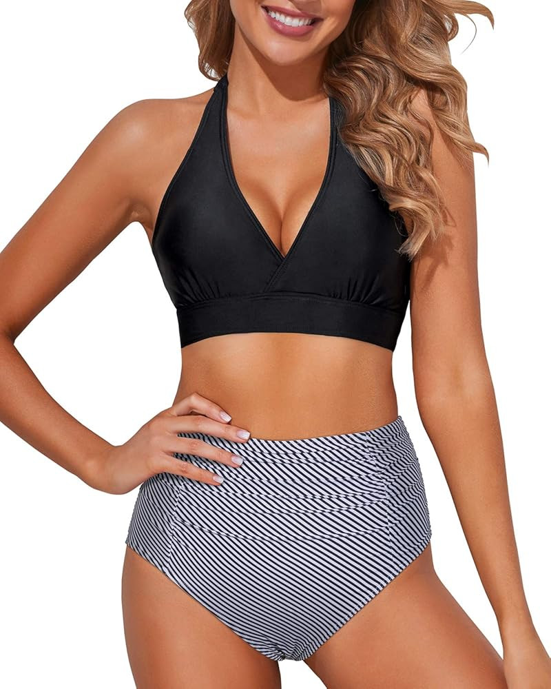 Tempt Me Women Two Piece High Waisted Bikini Set Swimsuits Push Up Halter Tummy Control Bottoms Bath | Amazon (US)