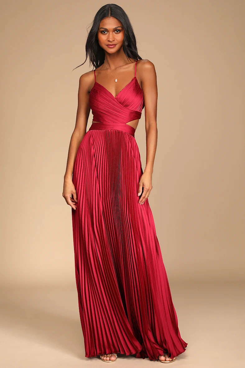 Got the Glam Wine Red Pleated Cutout Maxi Dress | Lulus