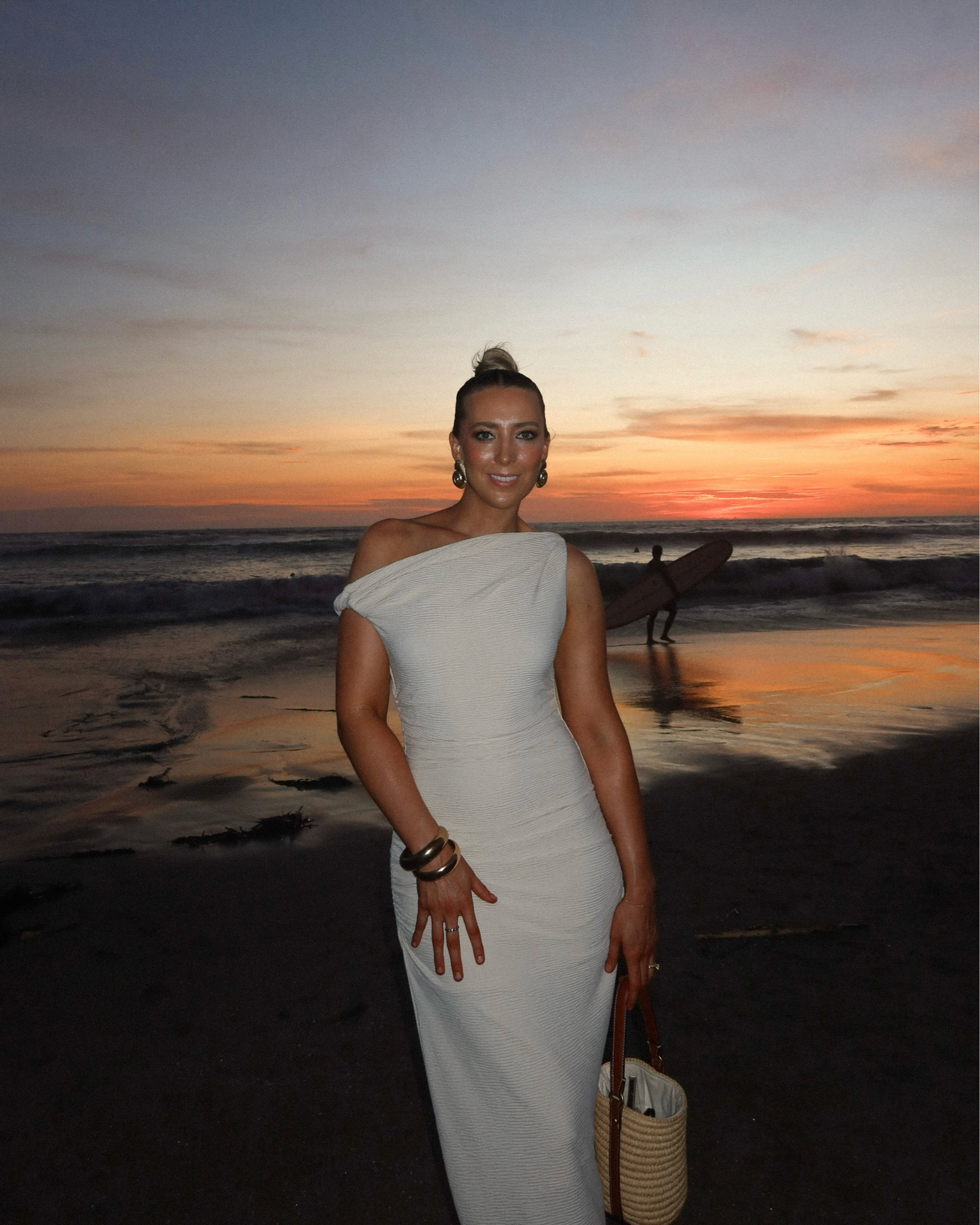 Summer cocktail dress in neutral shade styled up with gold bangles, straw bag and shell earrings. Wearing size 10 ✈️🥥🐚🍹🌴

#LTKHoliday #LTKparties #LTKaustralia