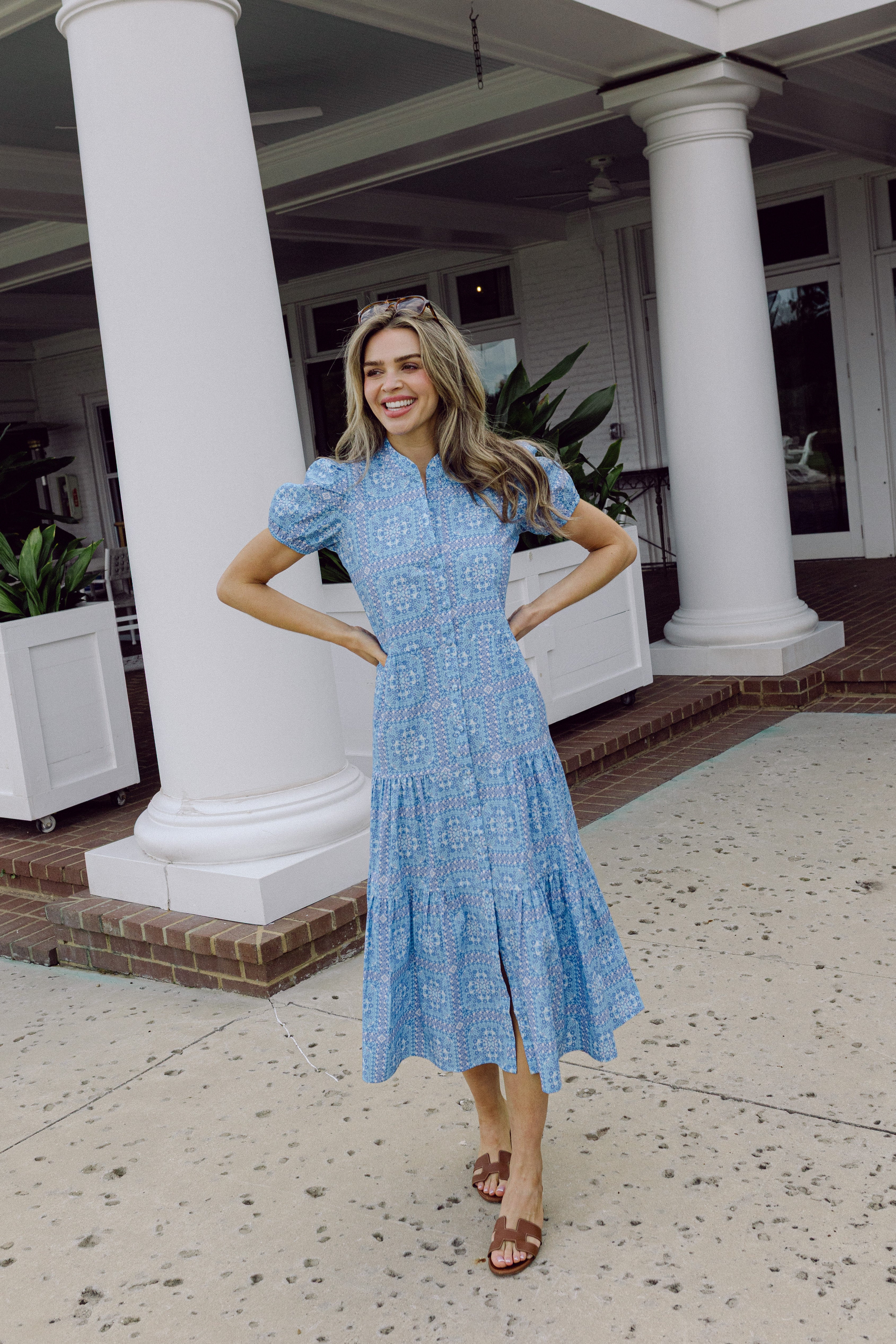 Blue Floral Tile Puff Sleeve Maxi Shirt Dress | Sail to Sable