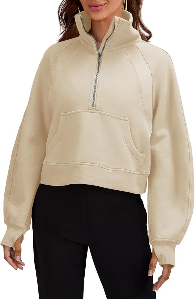 Womens Sweatshirts Half Zipper Crop Pullover Funnel Neck Fleece Lined Zip Up Long Sleeve Tops Thu... | Amazon (US)