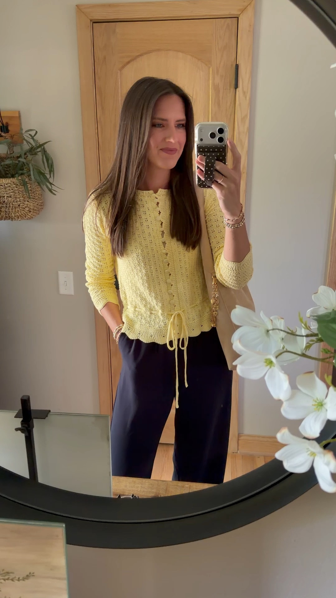 Today’s outfit for lunch with friends. 

Cardigan - medium 
Pants - small tall