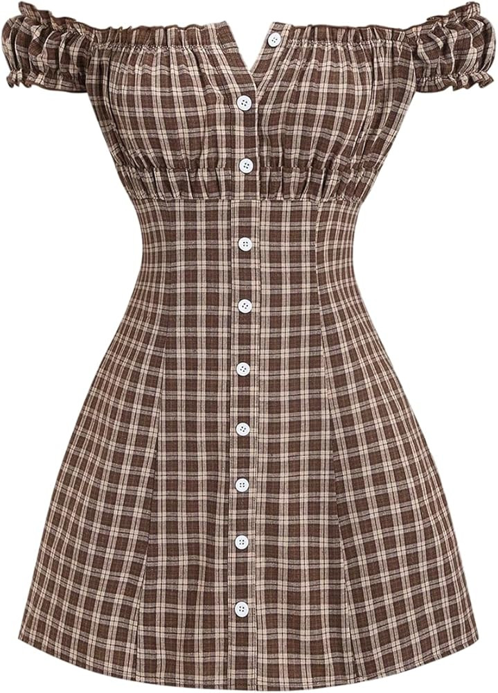 Women's Plaid Off The Shoulder Dress Y2k Button Down A Line Mini Going Out Dresses | Amazon (US)