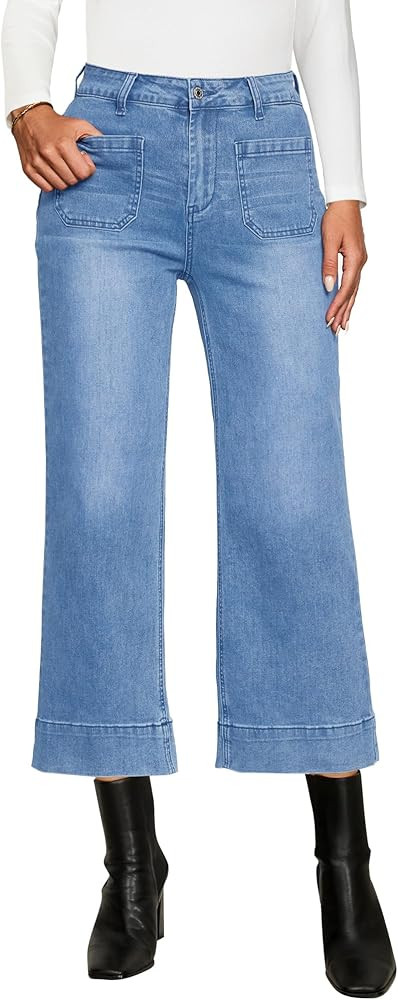 LookbookStore Wide Leg Cropped Jeans for Women High Waisted Stretchy Denim Jean Pants Baggy Flare... | Amazon (US)